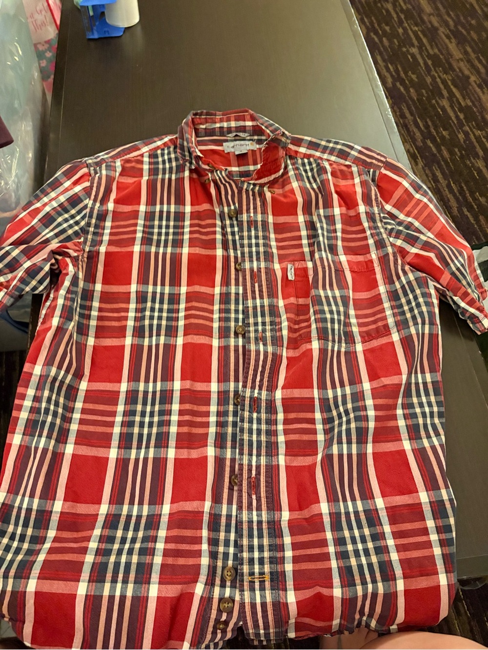Carhartt Red Plaid Button-Down Shirt with Navy & White Accents